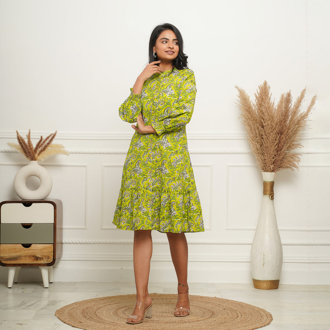 Lime Green Button Down Cotton Midi Dress with Pockets