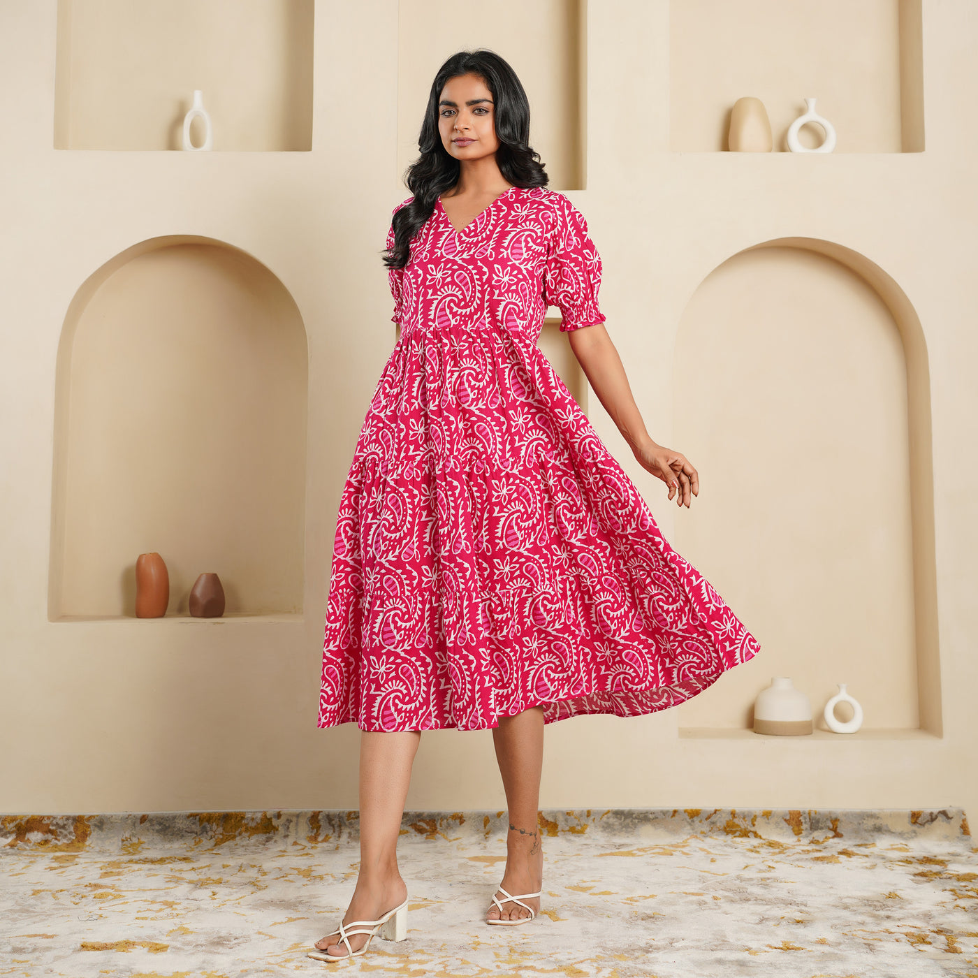 'Pink Kery' Block Printed Cotton Midi Dress with Pockets