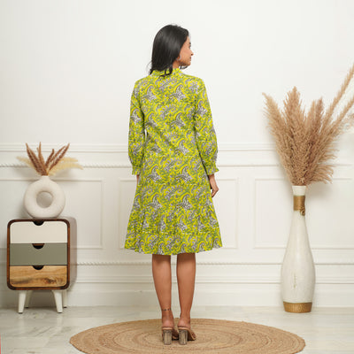 Lime Green Button Down Cotton Midi Dress with Pockets