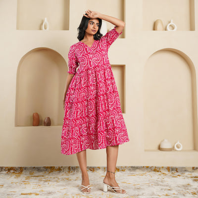 'Pink Kery' Block Printed Cotton Midi Dress with Pockets