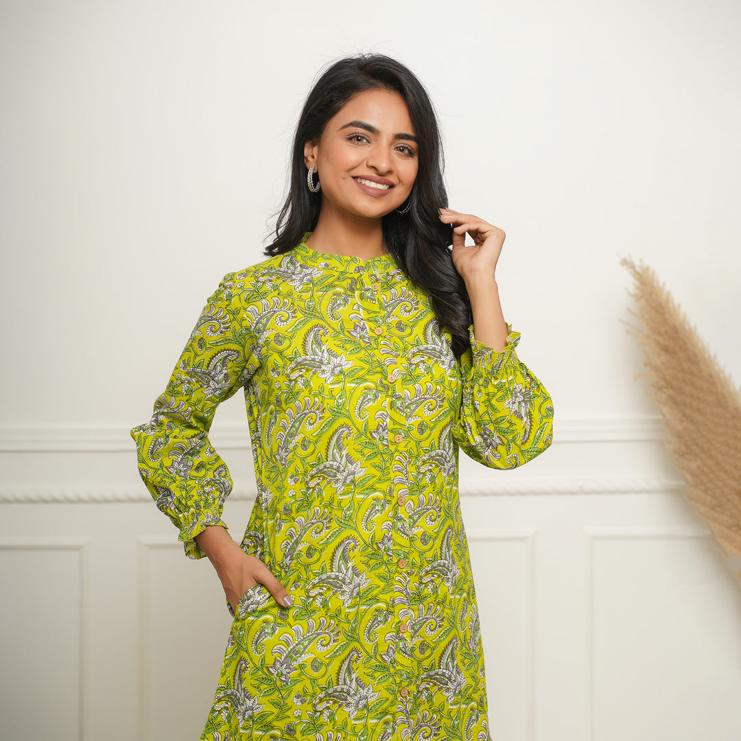 Lime Green Floral Print Button Down Mom and Daughter Cotton Dresses