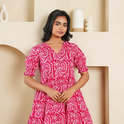 'Pink Kery' Block Printed Cotton Midi Dress with Pockets