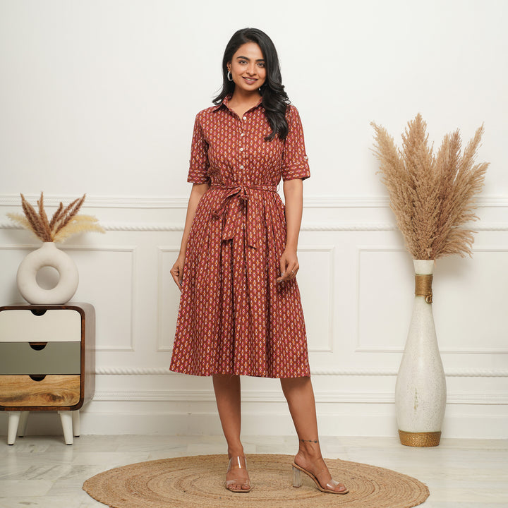 Brown Shirt Collared Cotton Midi Dress with Pockets