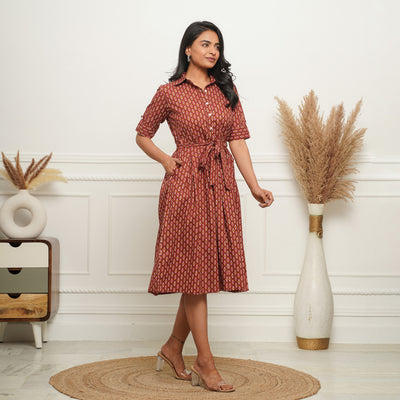 Brown Shirt Collared Cotton Midi Dress with Pockets
