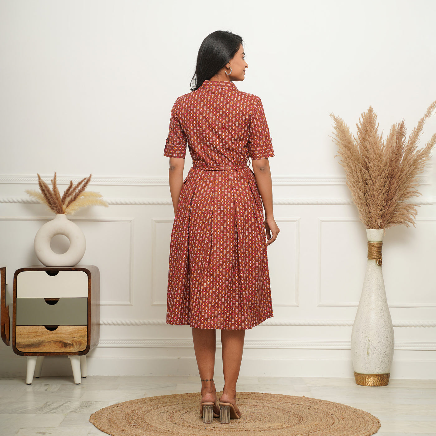 Brown Shirt Collared Cotton Midi Dress with Pockets