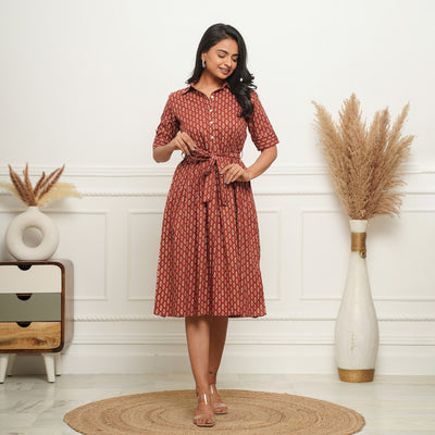 Brown Shirt Collared Cotton Midi Dress with Pockets