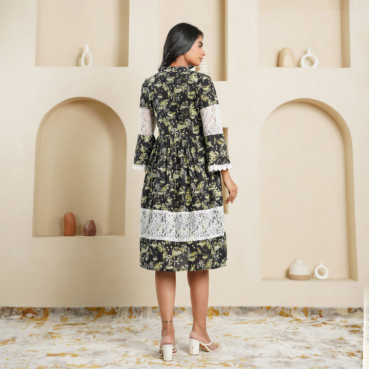 Cotton 'Black Fern' Midi Dress with Pockets