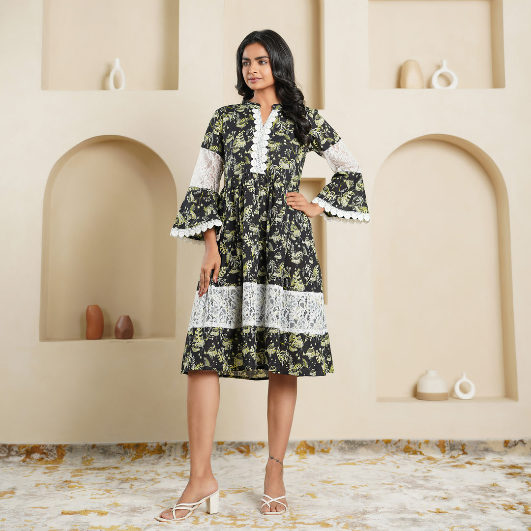 Cotton 'Black Fern' Midi Dress with Pockets