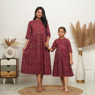 Hand Block Print Maroon Flower Mom and Daughter 3in1 Dresses