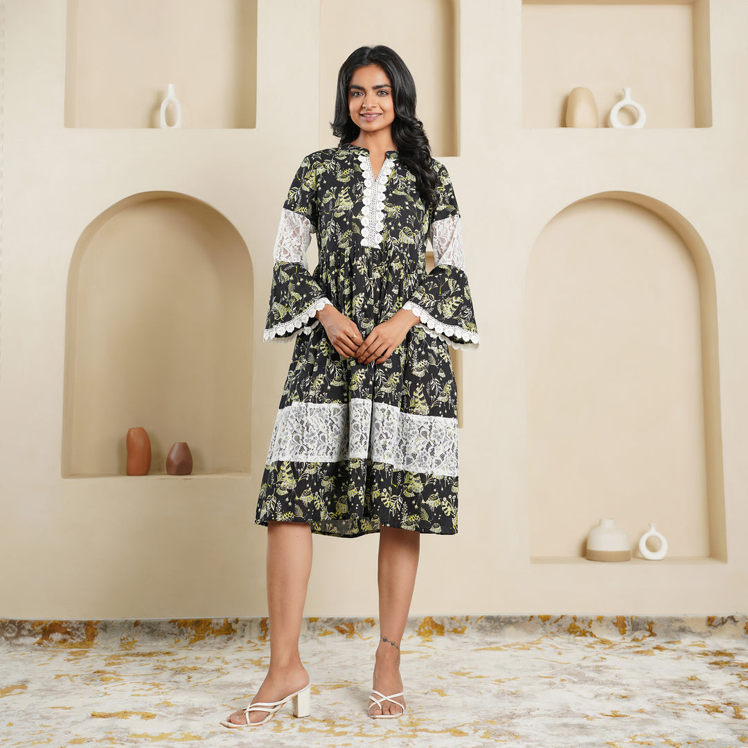 Cotton 'Black Fern' Midi Dress with Pockets