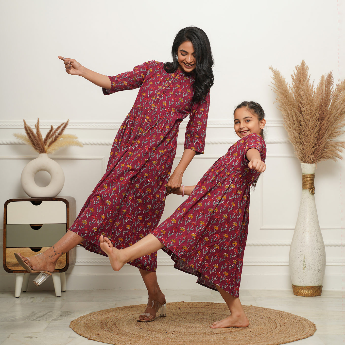 Hand Block Print Maroon Flower Mom and Daughter 3in1 Dresses