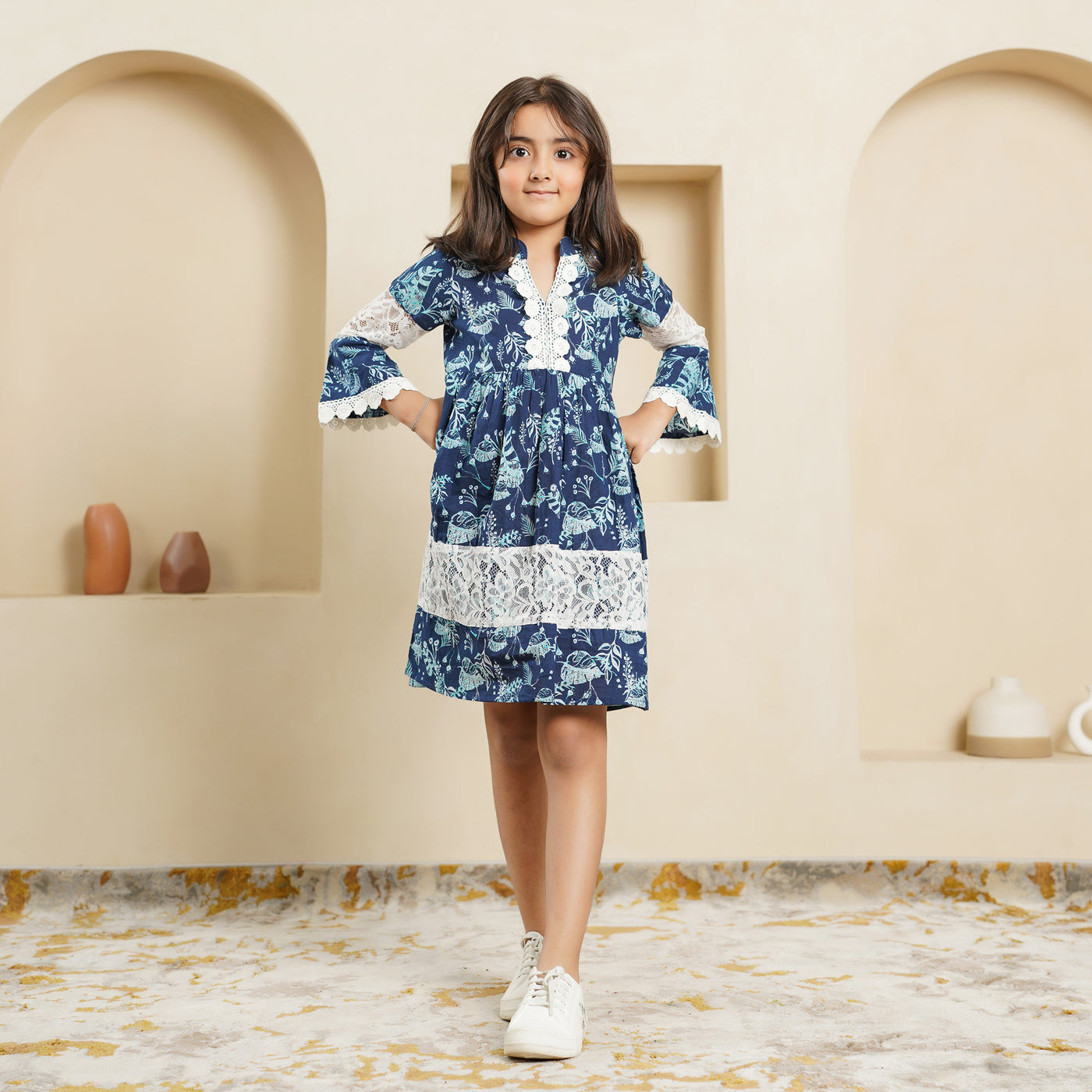 'Navy Blue Fern' Girl's Cotton Dress