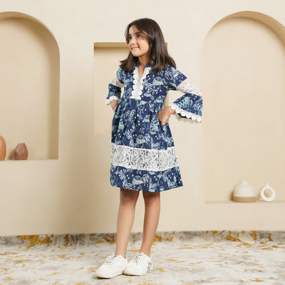 'Navy Blue Fern' Girl's Cotton Dress