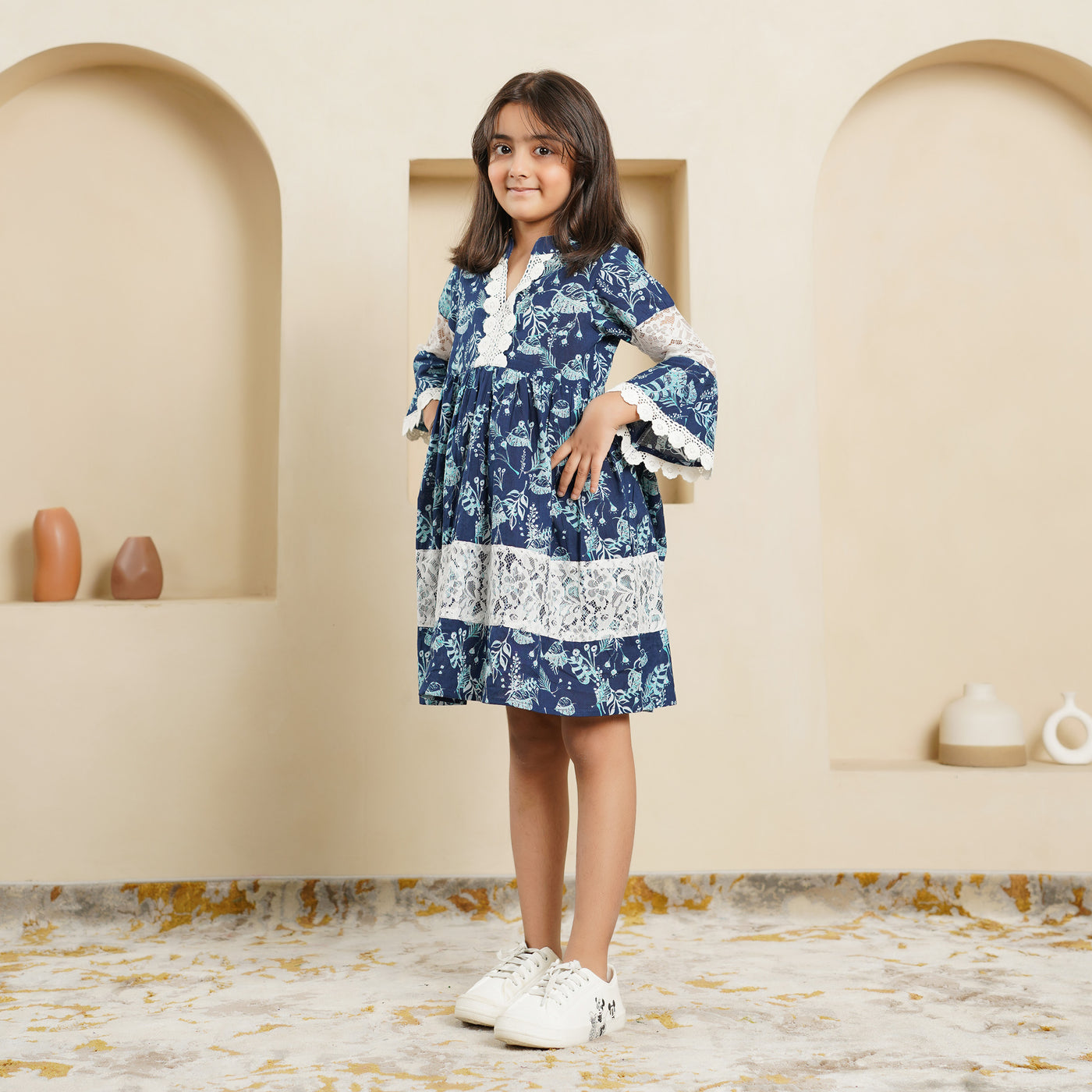 'Navy Blue Fern' Girl's Cotton Dress