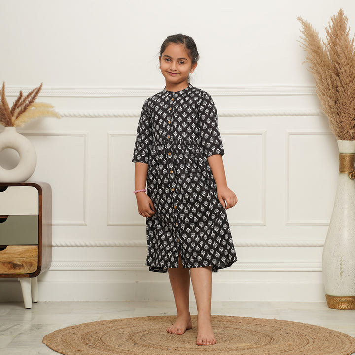 Black Booti Button Down Girl's Cotton Dress