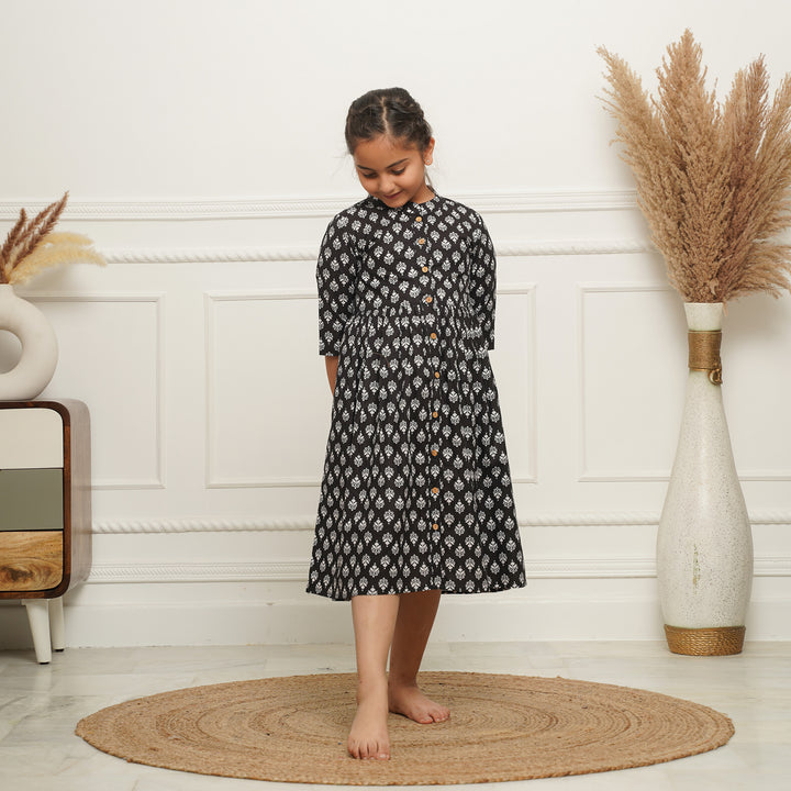 Black Booti Button Down Girl's Cotton Dress