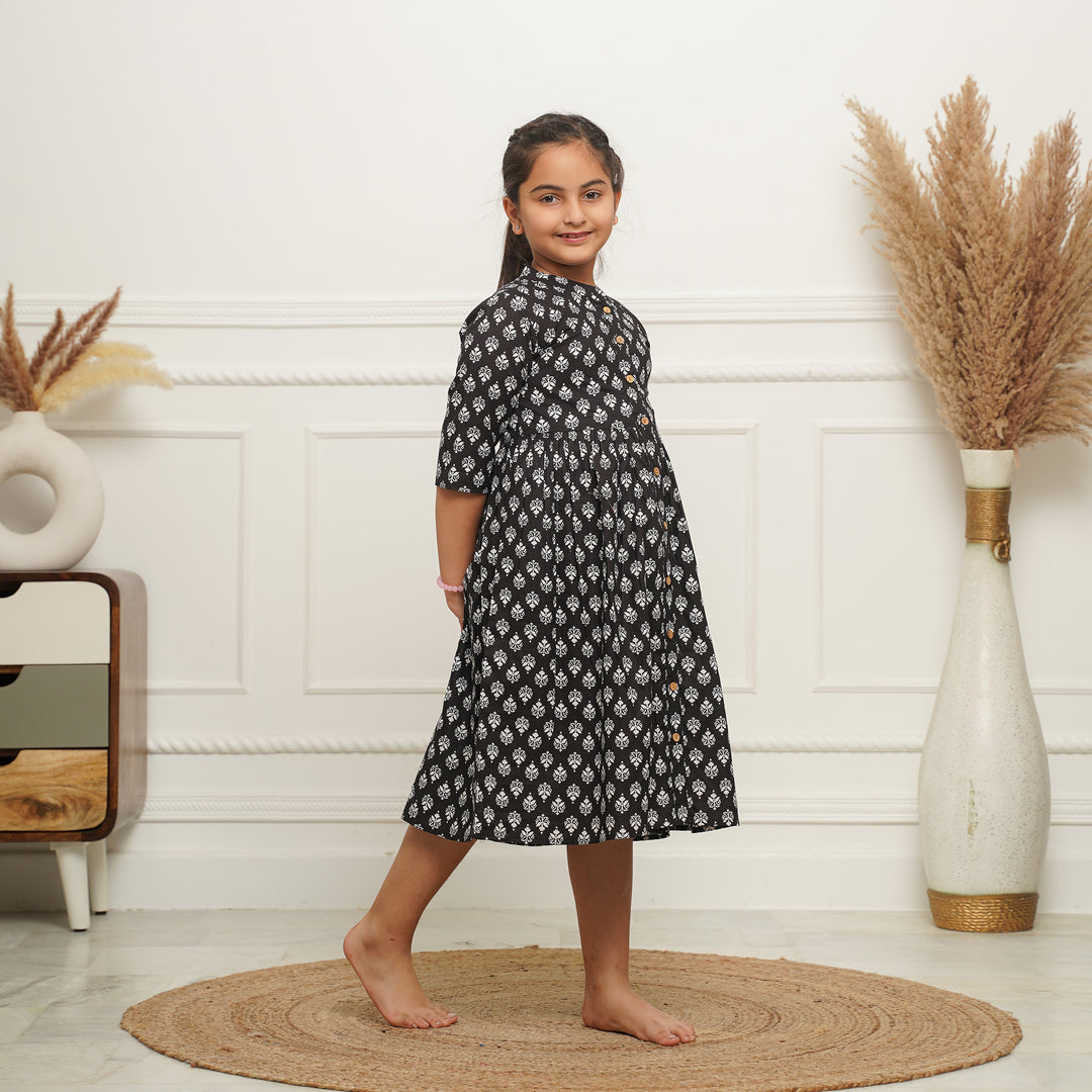 Black Booti Button Down Girl's Cotton Dress