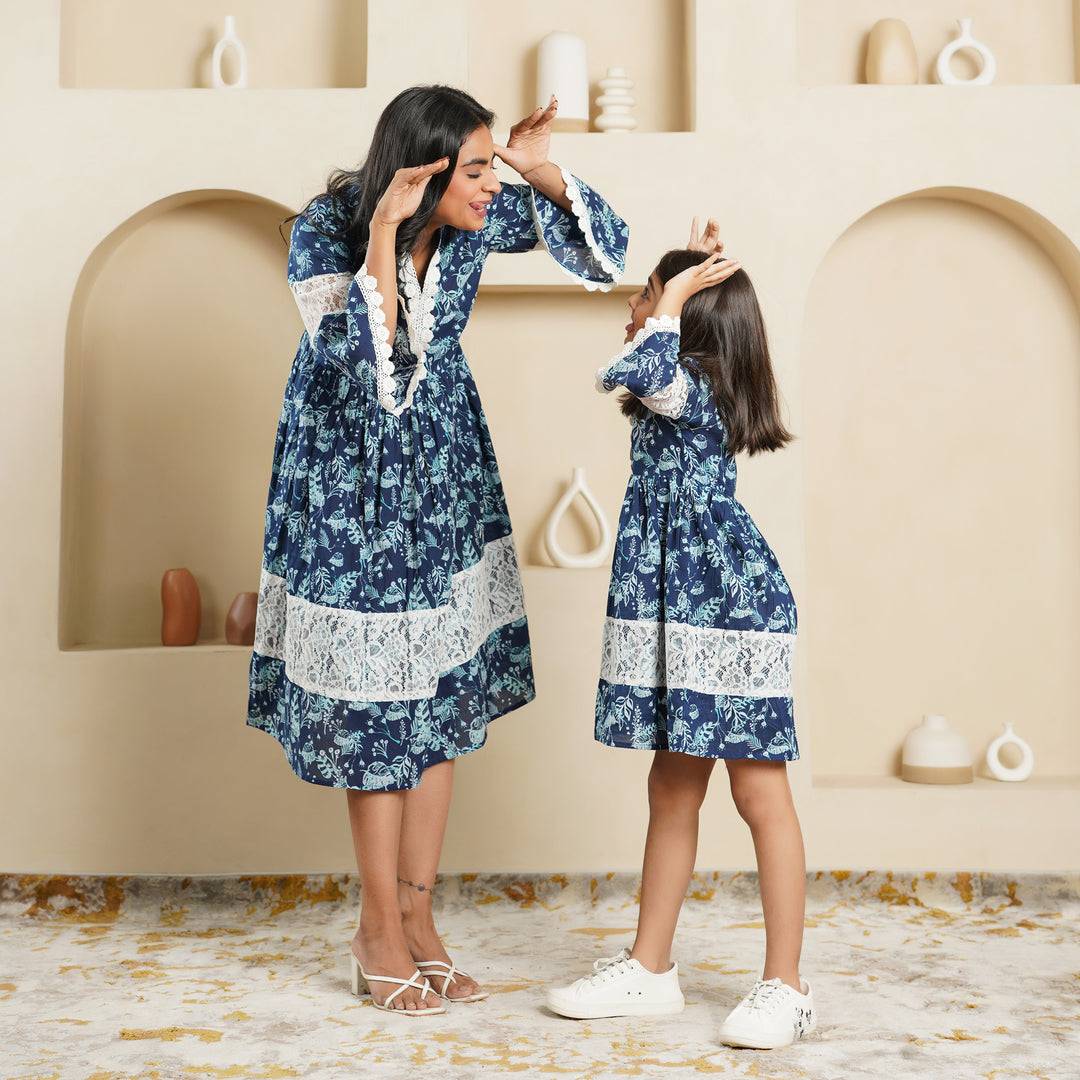 Cotton 'Navy Blue Fern' Mom and Daughter Dresses