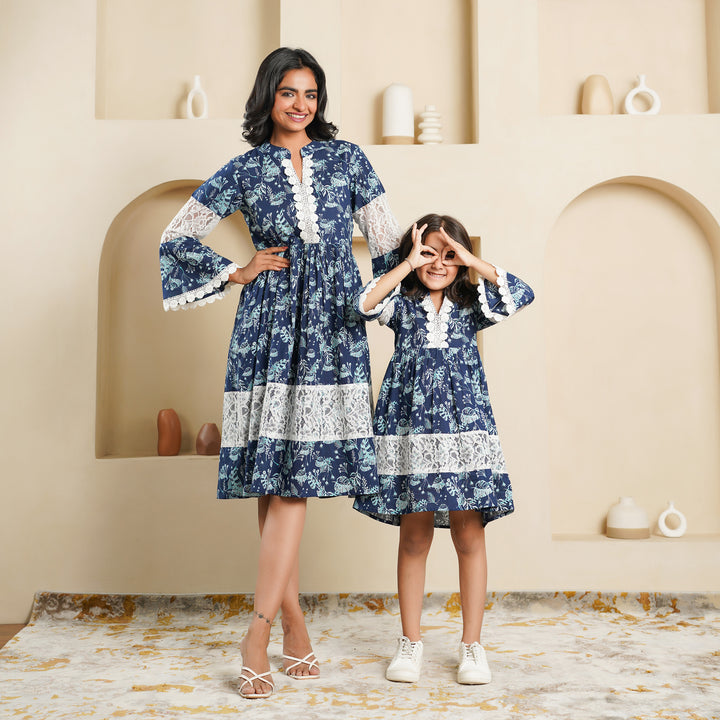 Cotton 'Navy Blue Fern' Mom and Daughter Dresses