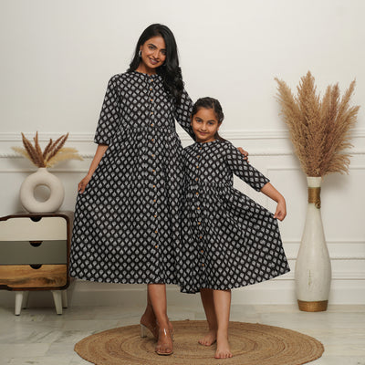 Black Booti Button Down Mom and Daughter 3in1 Dresses