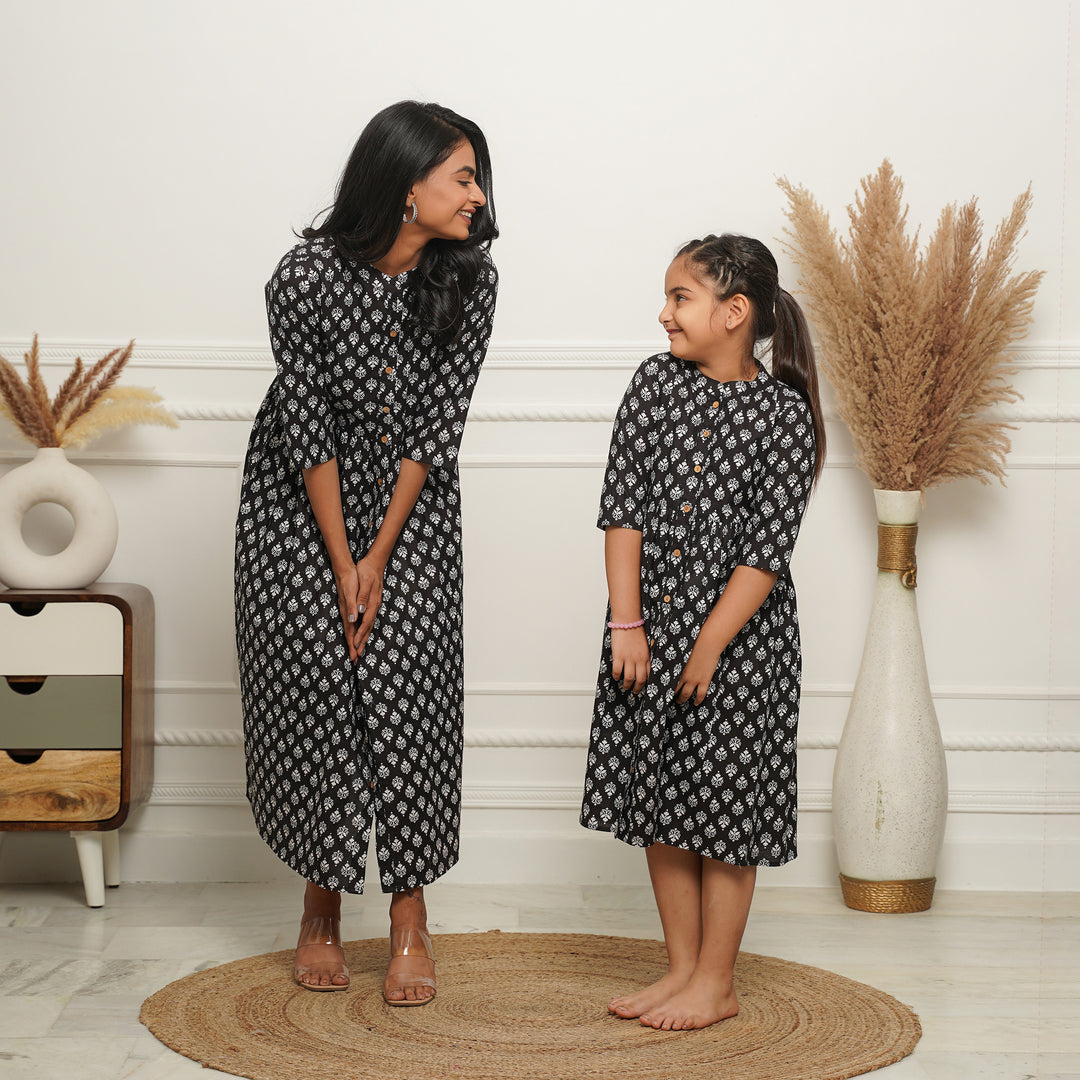 Black Booti Button Down Mom and Daughter 3in1 Dresses