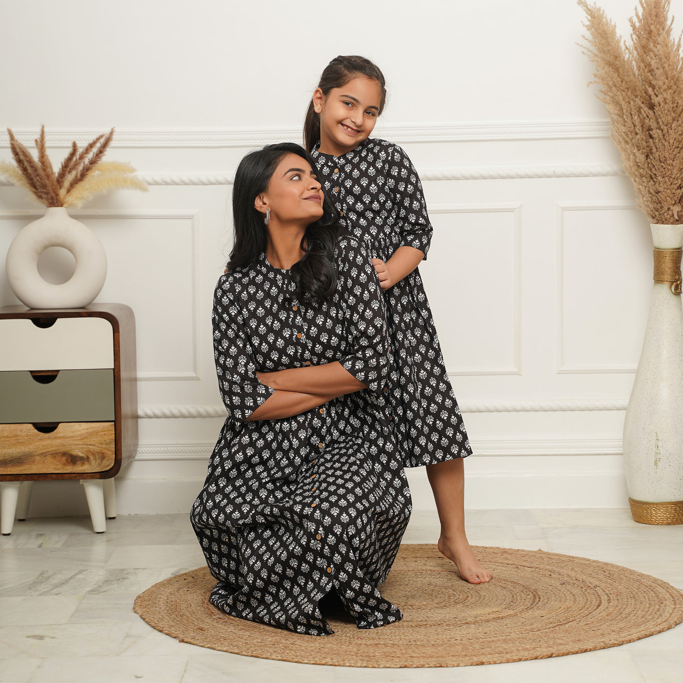 Black Booti Button Down Mom and Daughter 3in1 Dresses