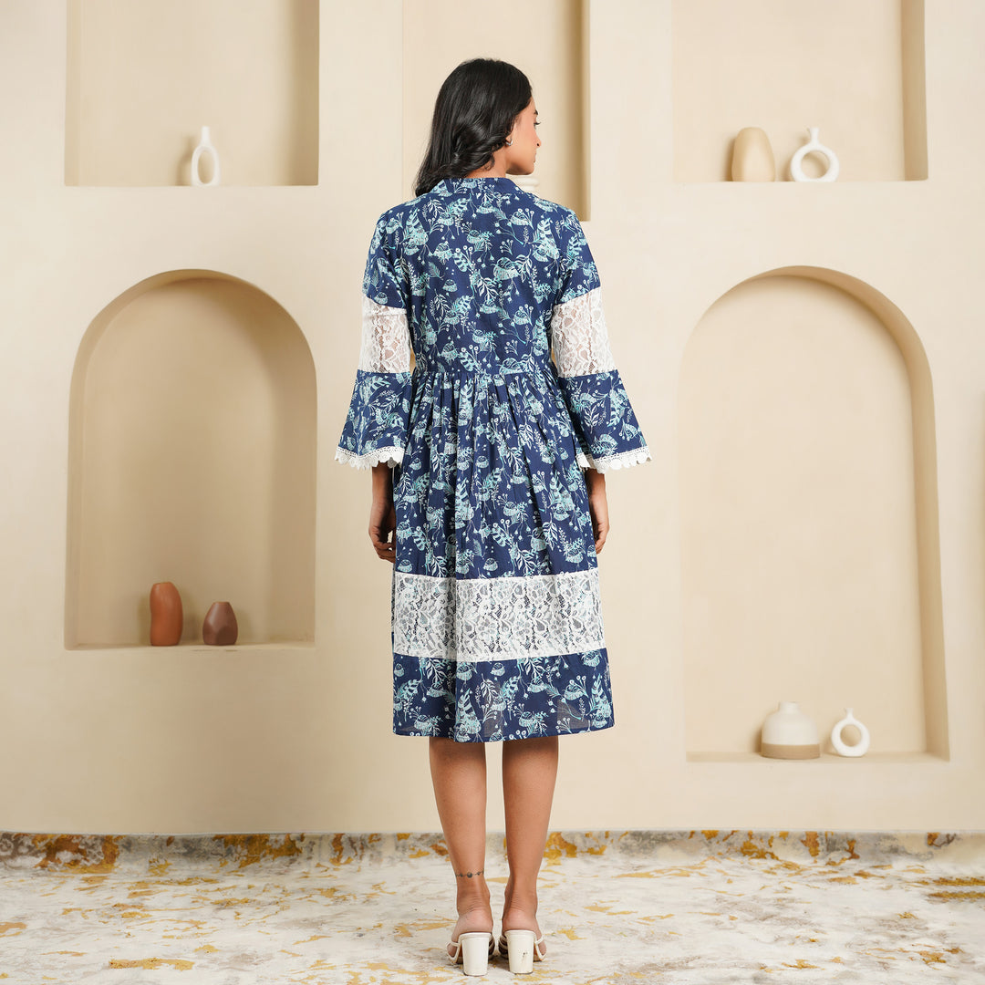 Cotton 'Navy Blue Fern' Midi Dress with Pockets