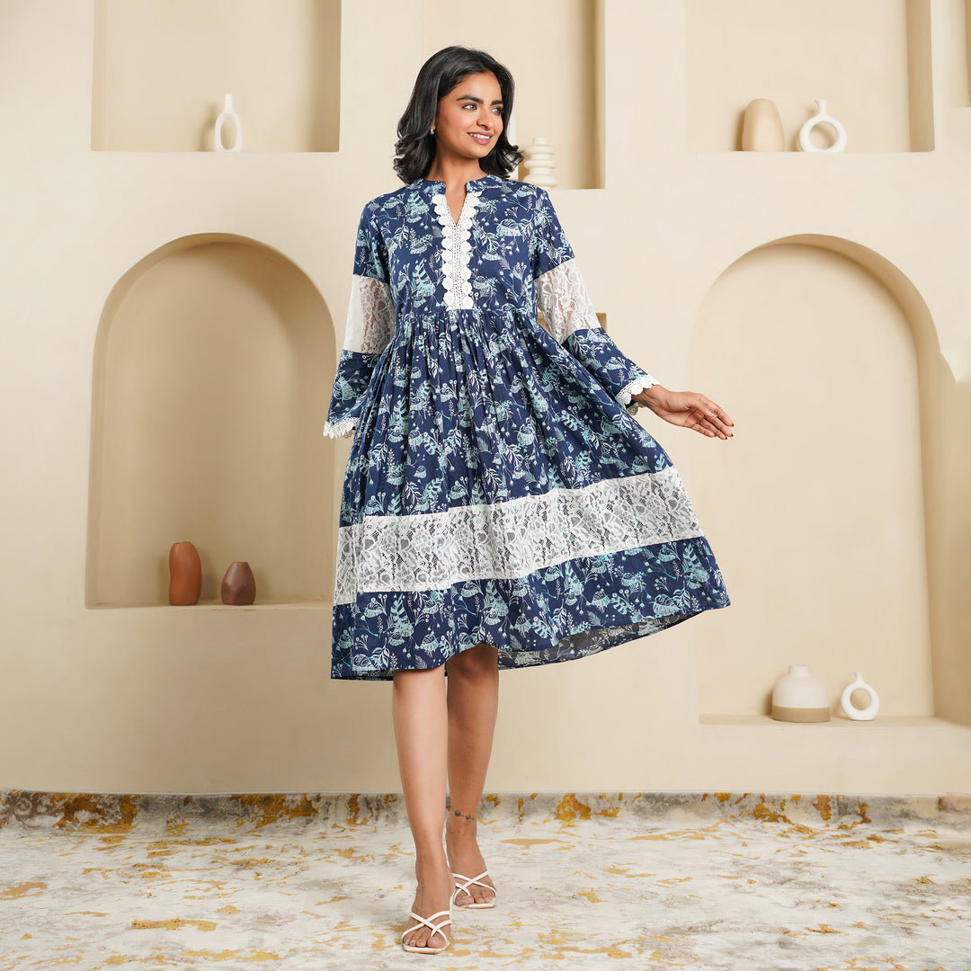 Cotton 'Navy Blue Fern' Mom and Daughter Dresses