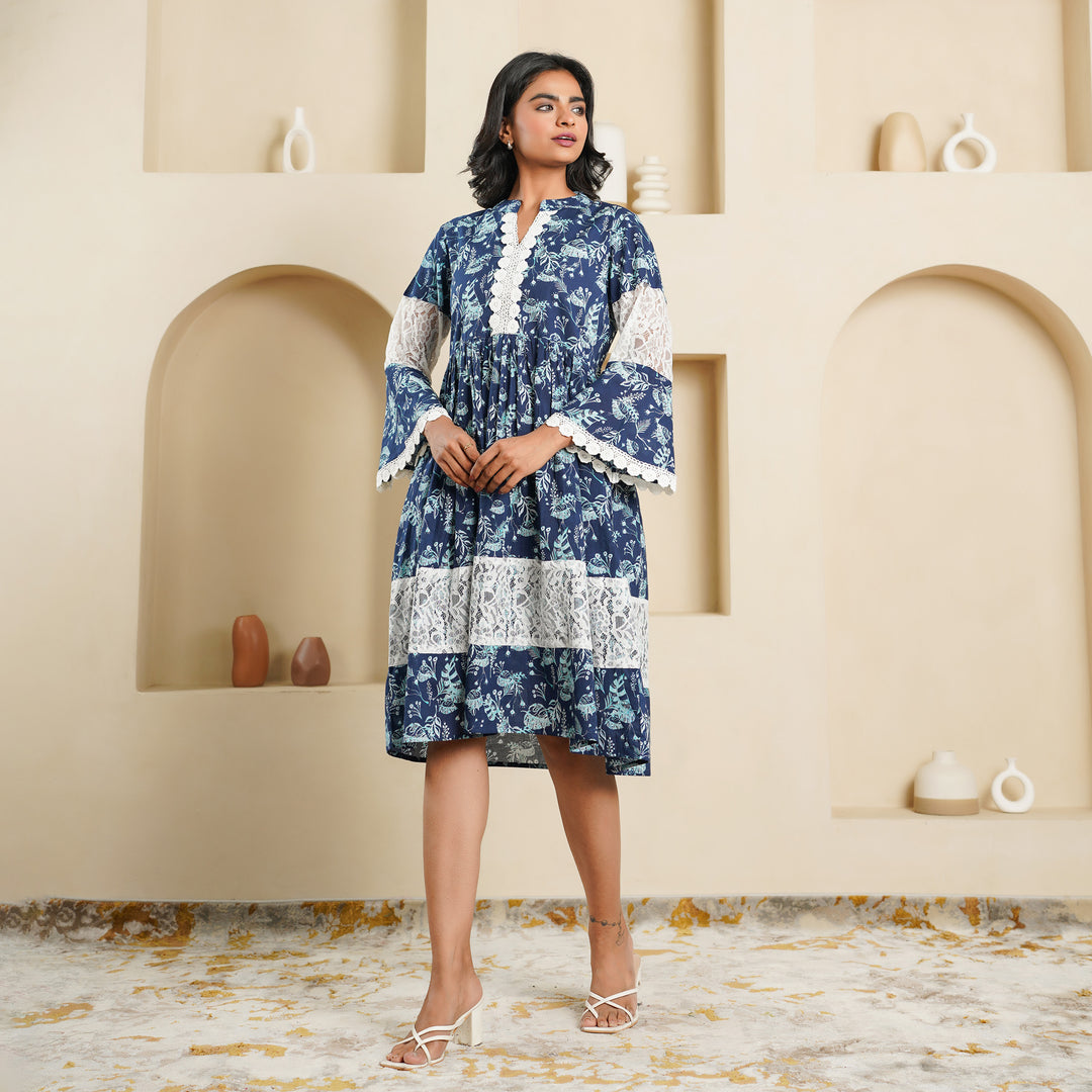 Cotton 'Navy Blue Fern' Mom and Daughter Dresses
