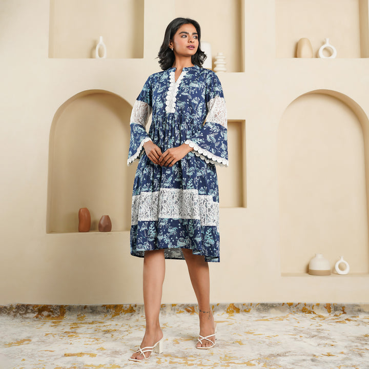 Cotton 'Navy Blue Fern' Midi Dress with Pockets