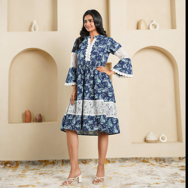 Cotton 'Navy Blue Fern' Midi Dress with Pockets
