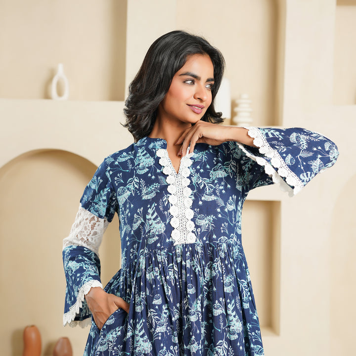 Cotton 'Navy Blue Fern' Midi Dress with Pockets