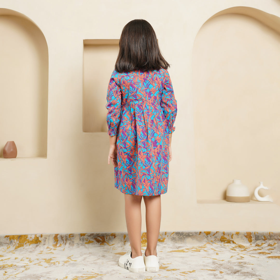 'Floral Cascade on Blue' Girl's Cotton Dress