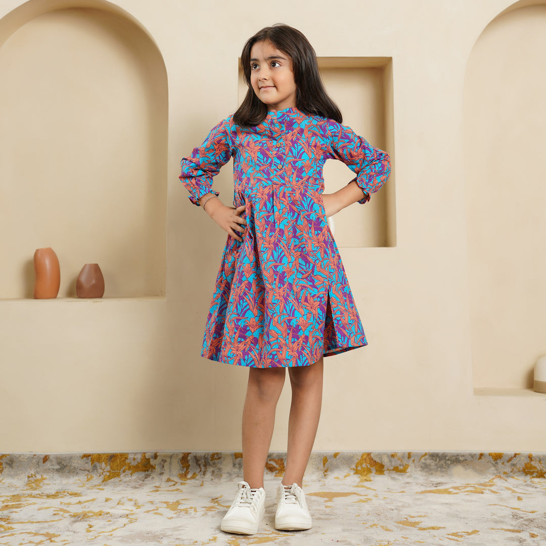 'Floral Cascade on Blue' Girl's Cotton Dress