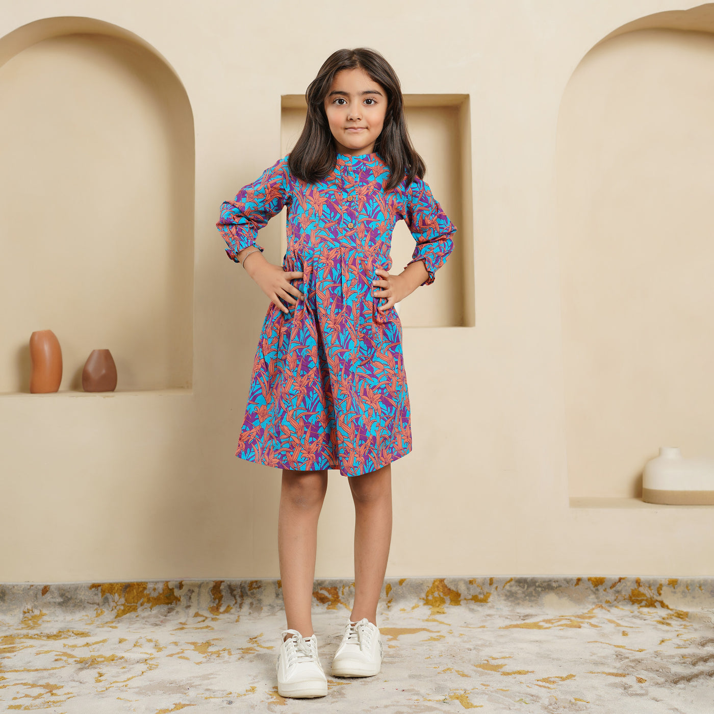 'Floral Cascade on Blue' Mom and Daughter Cotton Dresses