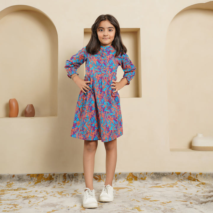 'Floral Cascade on Blue' Girl's Cotton Dress