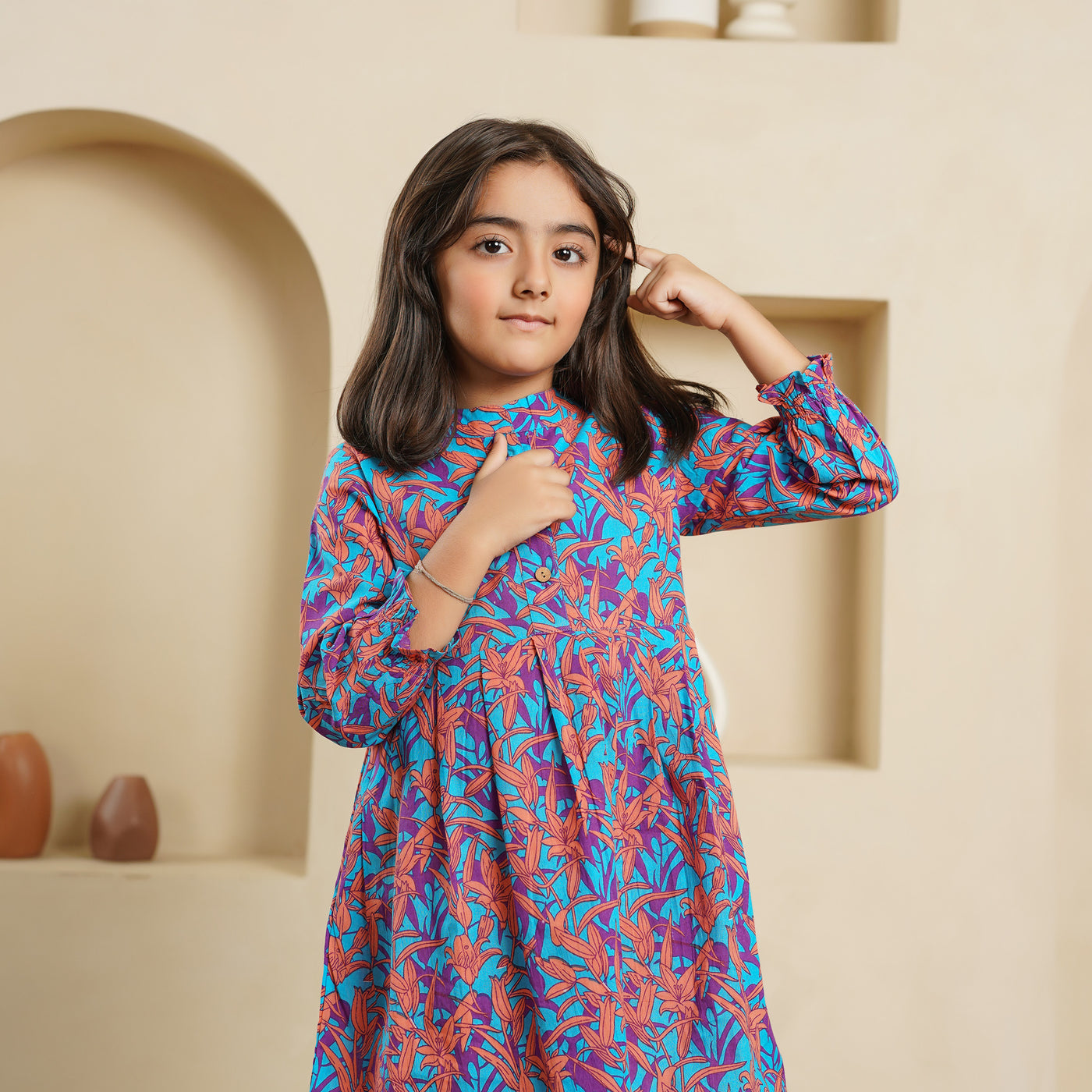 'Floral Cascade on Blue' Mom and Daughter Cotton Dresses