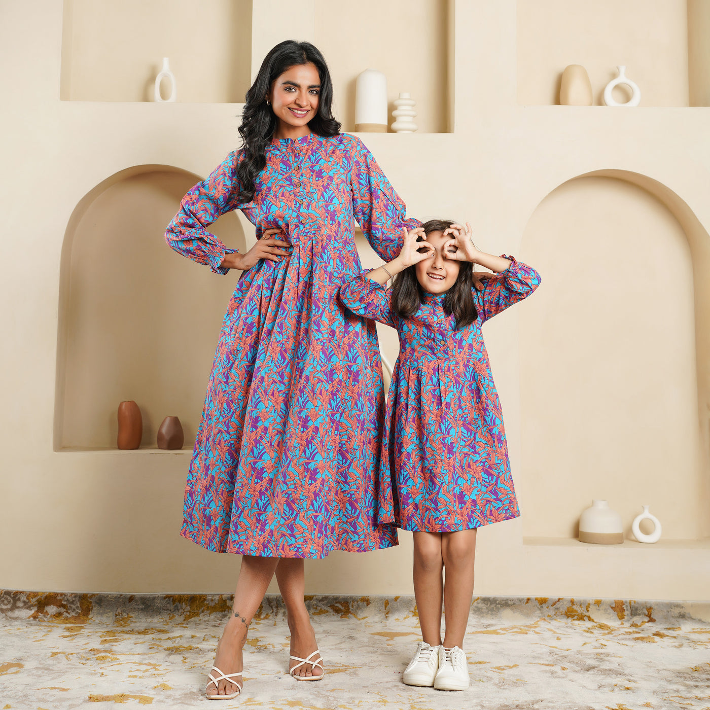 'Floral Cascade on Blue' Mom and Daughter Cotton Dresses