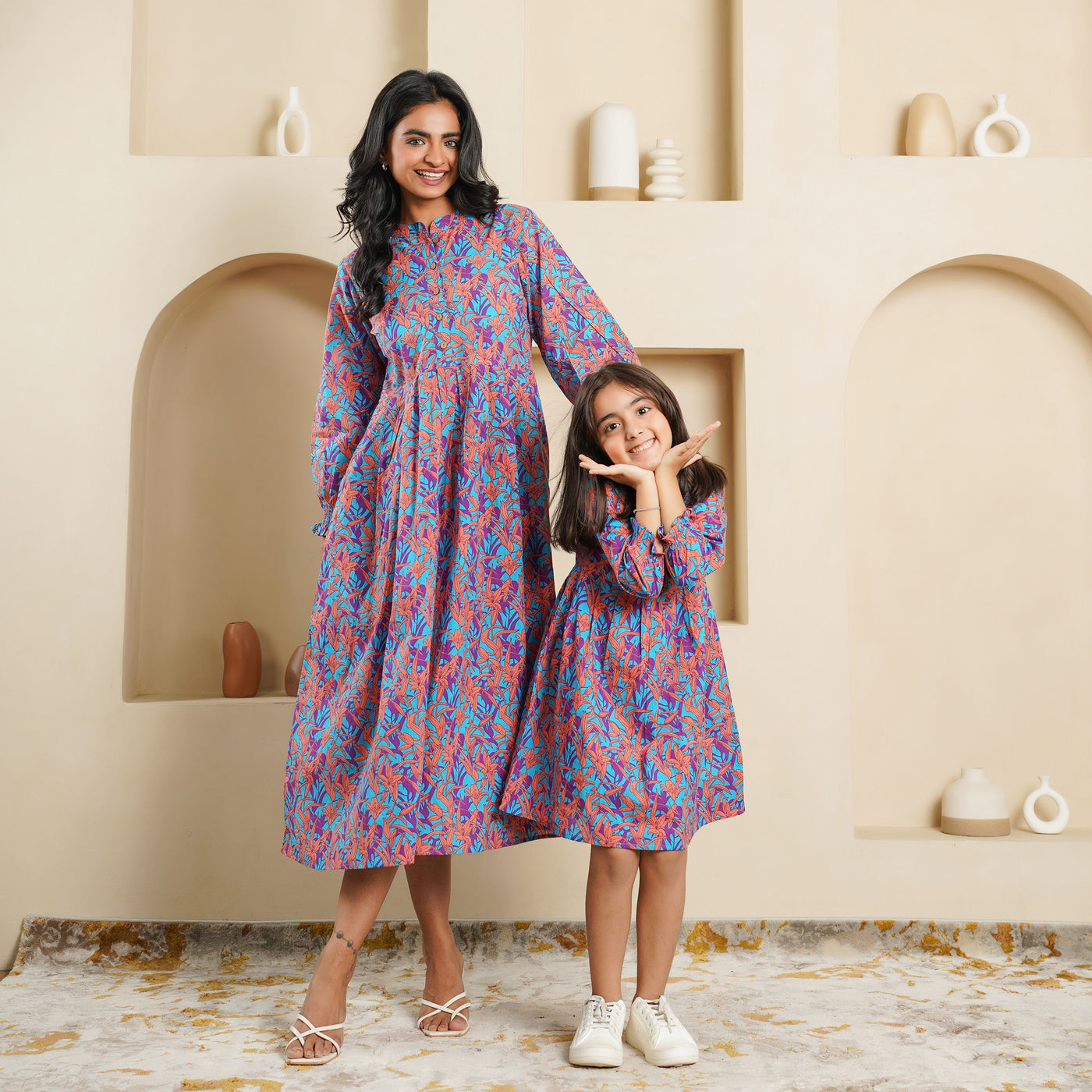 'Floral Cascade on Blue' Mom and Daughter Cotton Dresses