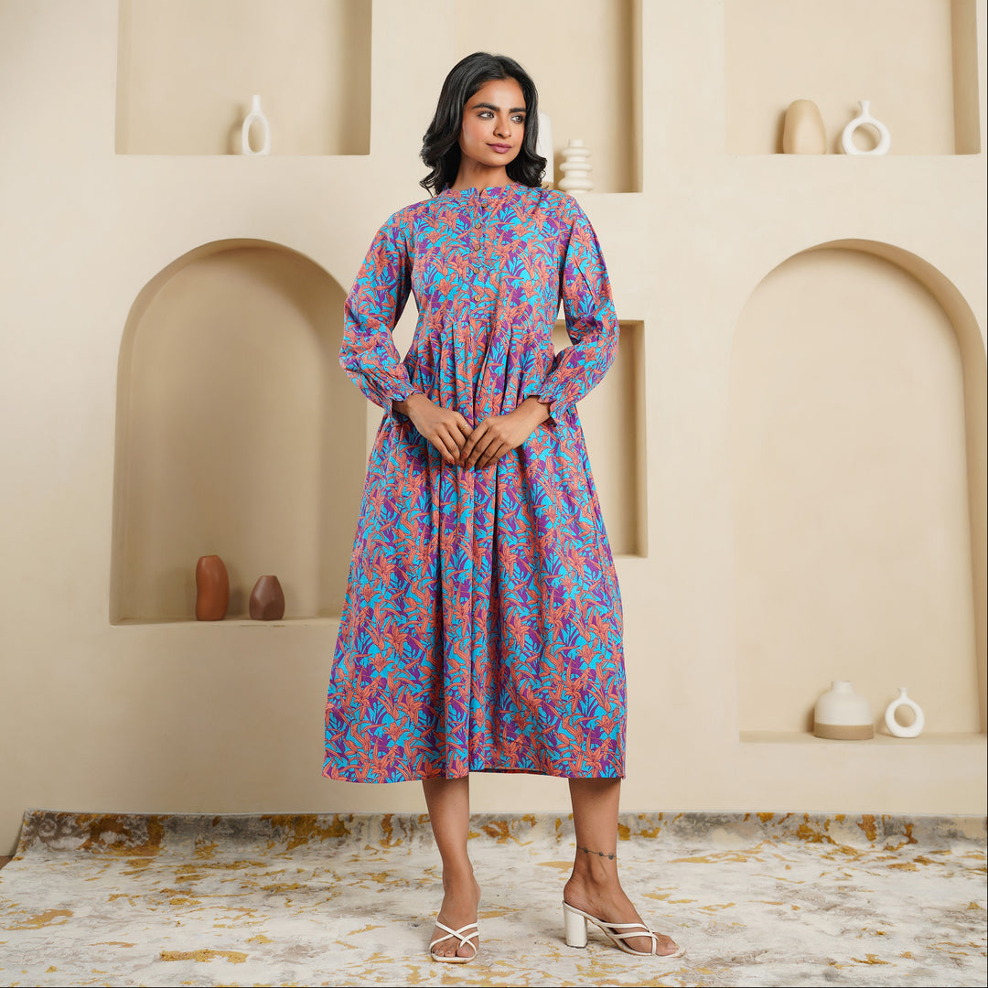 'Floral Cascade on Blue' Cotton Midi Dress with Pockets
