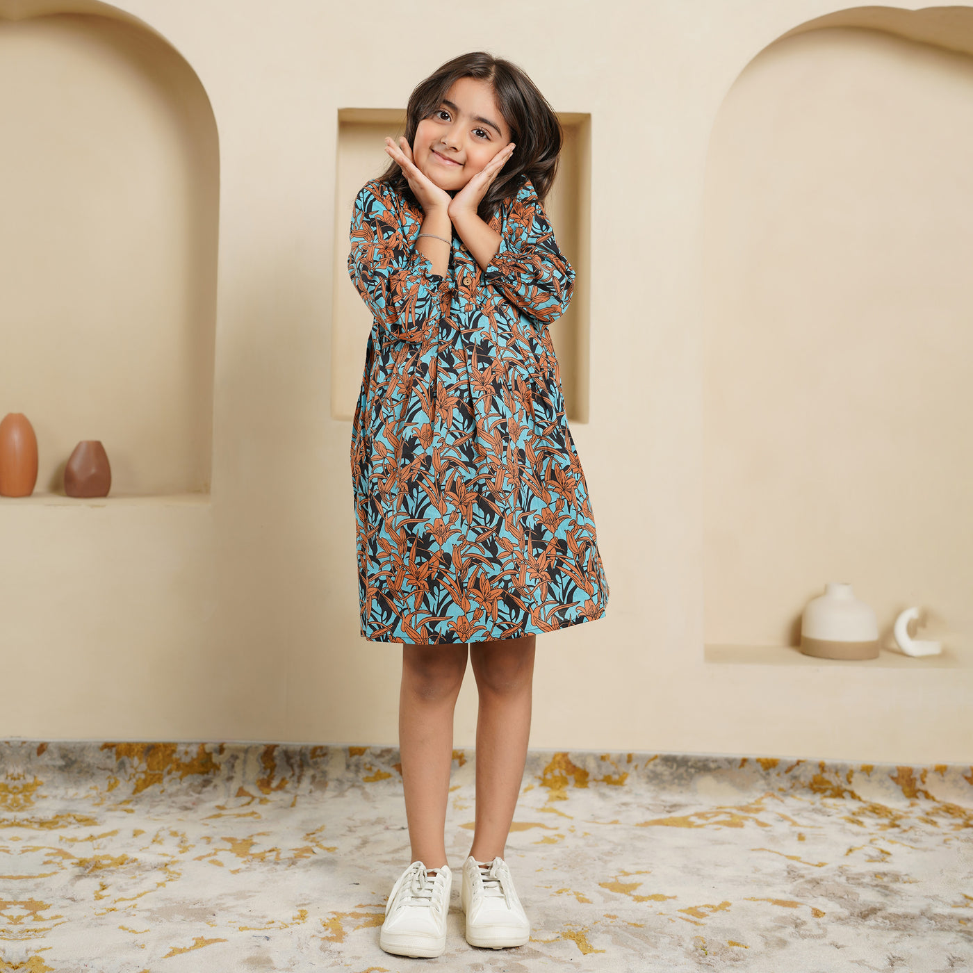 'Floral Cascade on Black' Girl's Cotton Dress