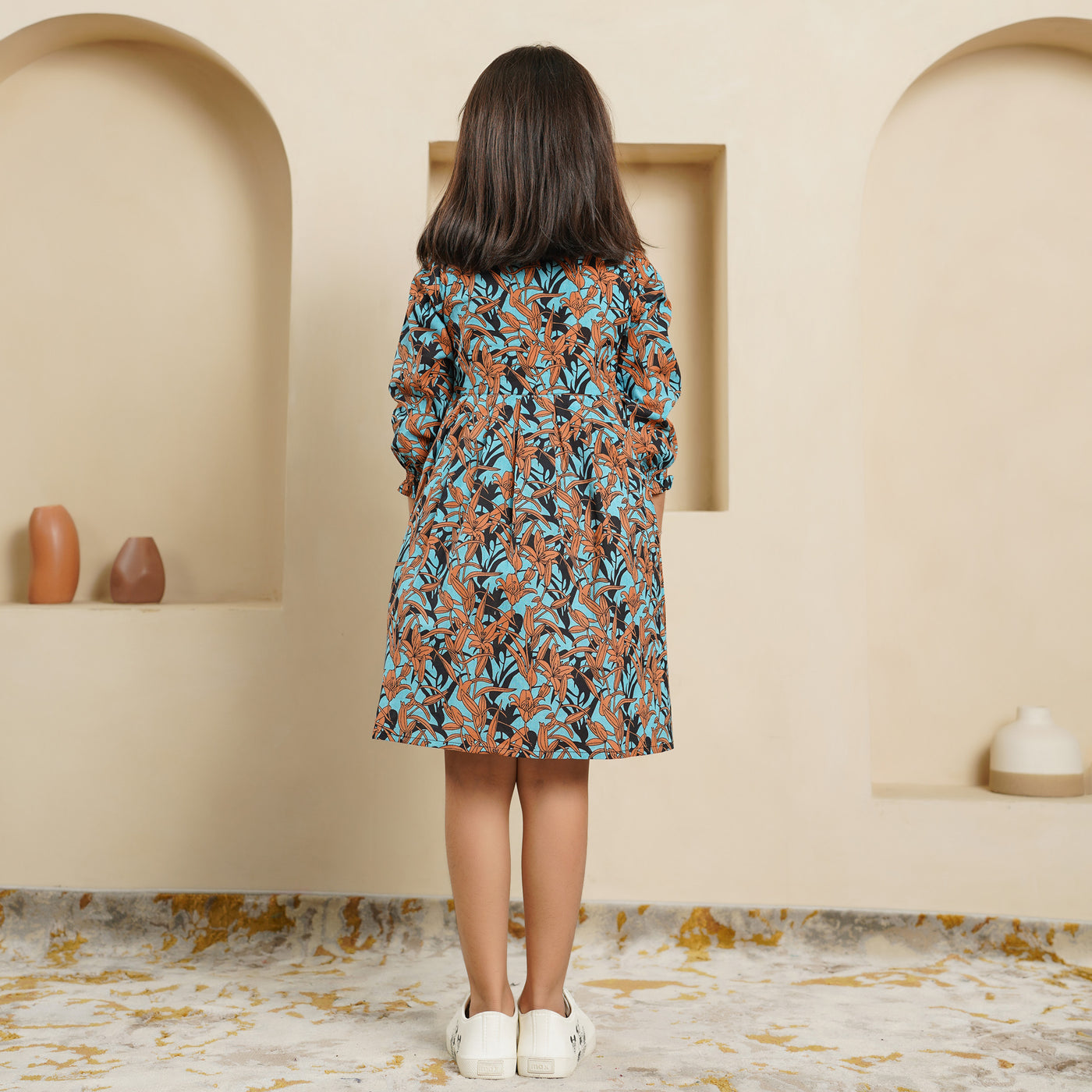 'Floral Cascade on Black' Girl's Cotton Dress