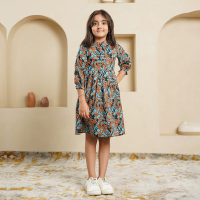 'Floral Cascade on Black' Girl's Cotton Dress