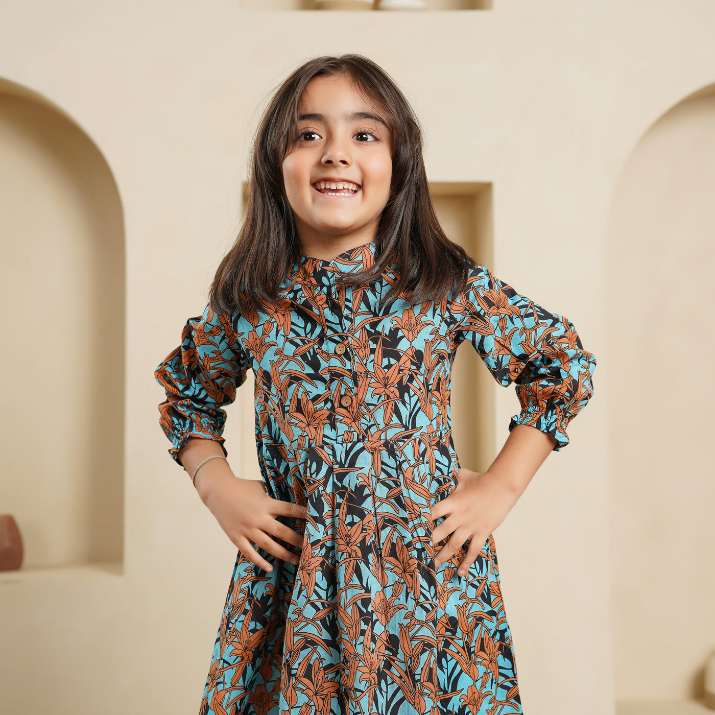 'Floral Cascade on Black' Girl's Cotton Dress