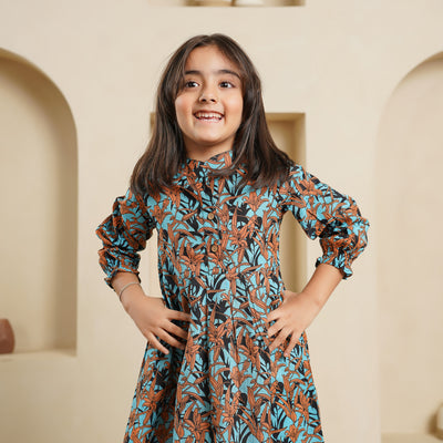 'Floral Cascade on Black' Mom and Daughter Cotton Dresses