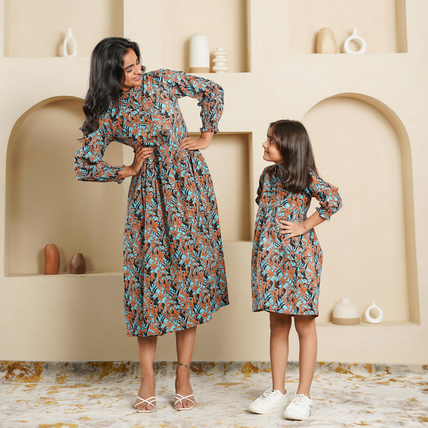 'Floral Cascade on Black' Mom and Daughter Cotton Dresses