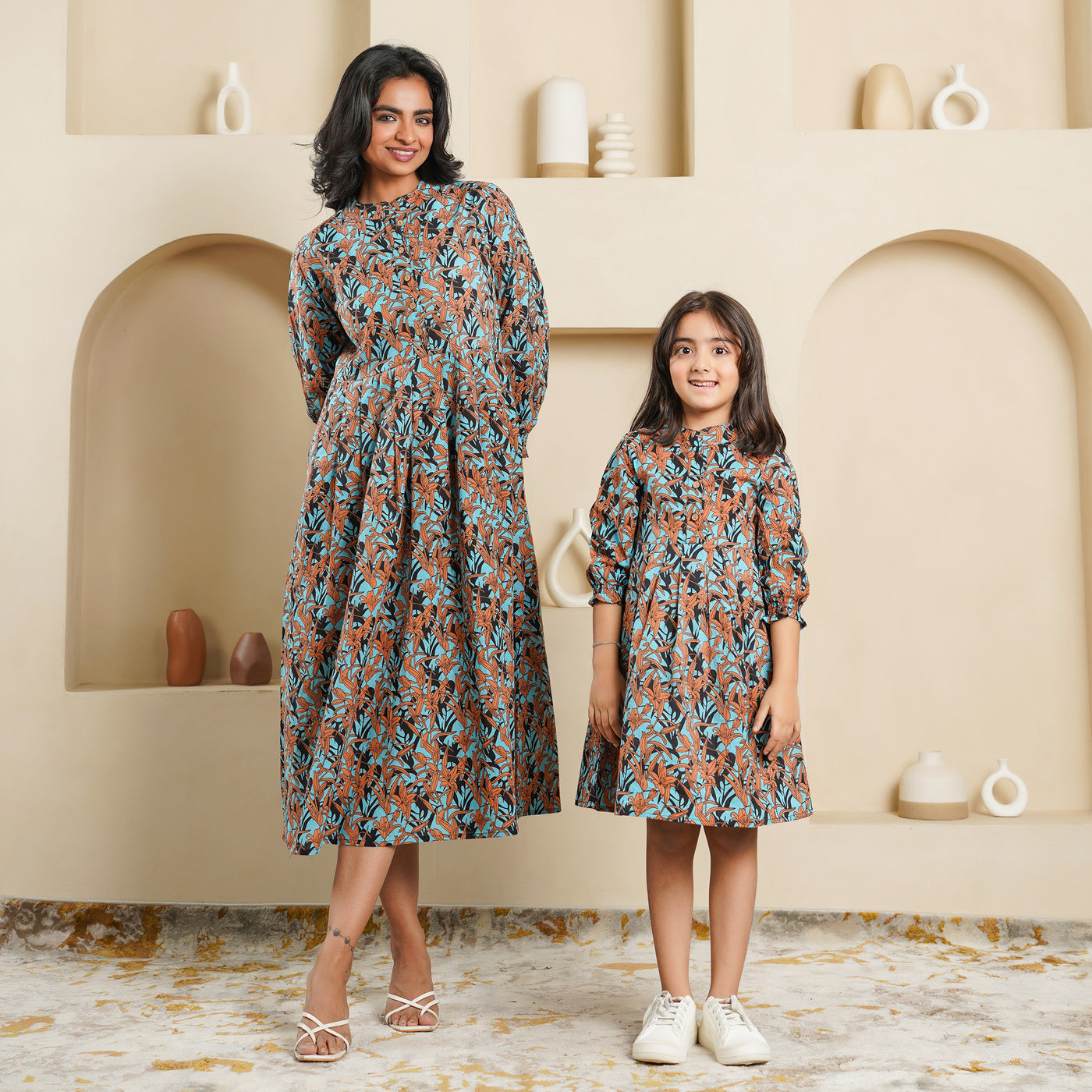 'Floral Cascade on Black' Mom and Daughter Cotton Dresses