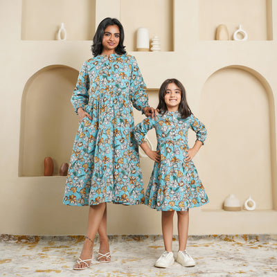 'Sky Blue Blossom' Mom and Daughter Tiered Cotton Dresses