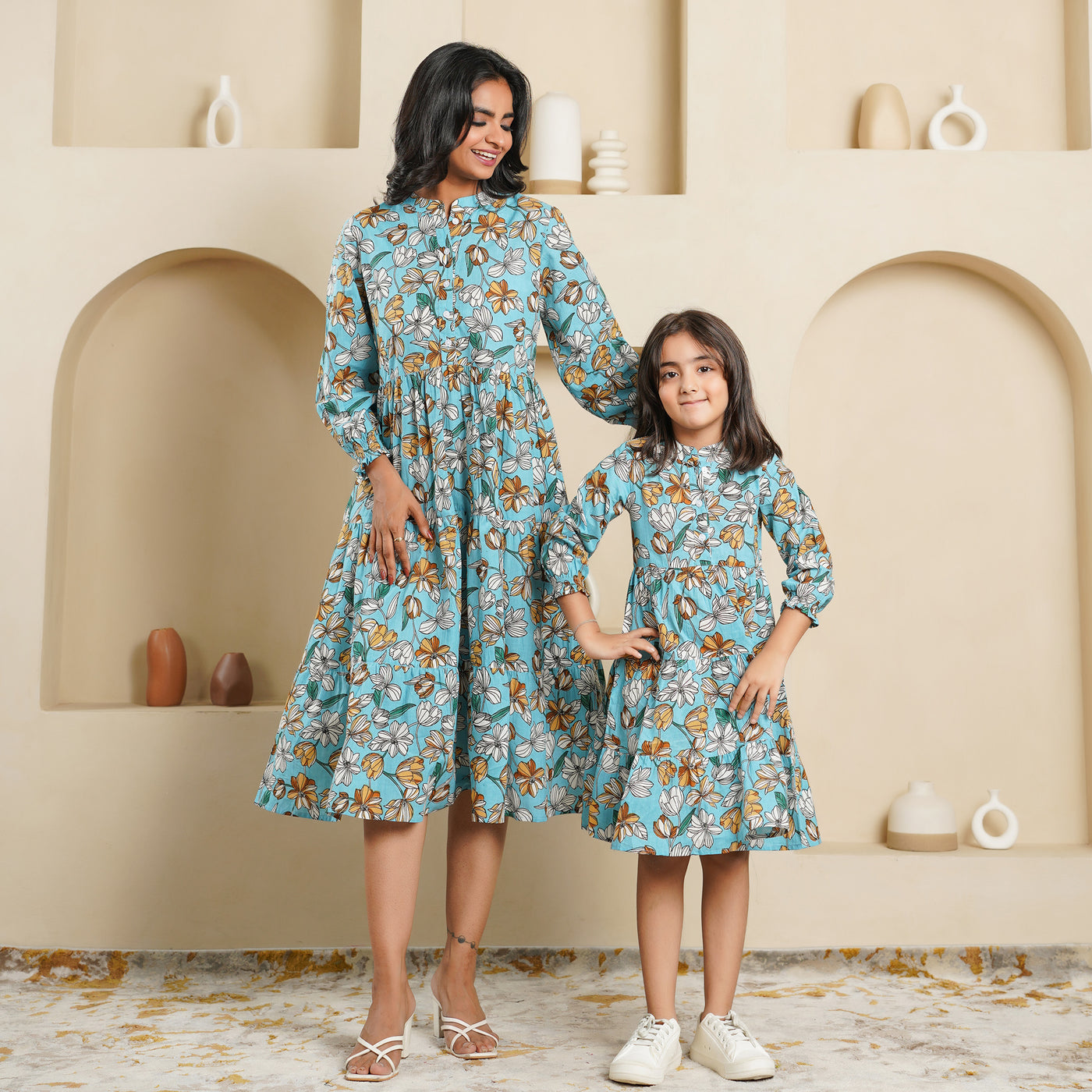 'Sky Blue Blossom' Mom and Daughter Tiered Cotton Dresses