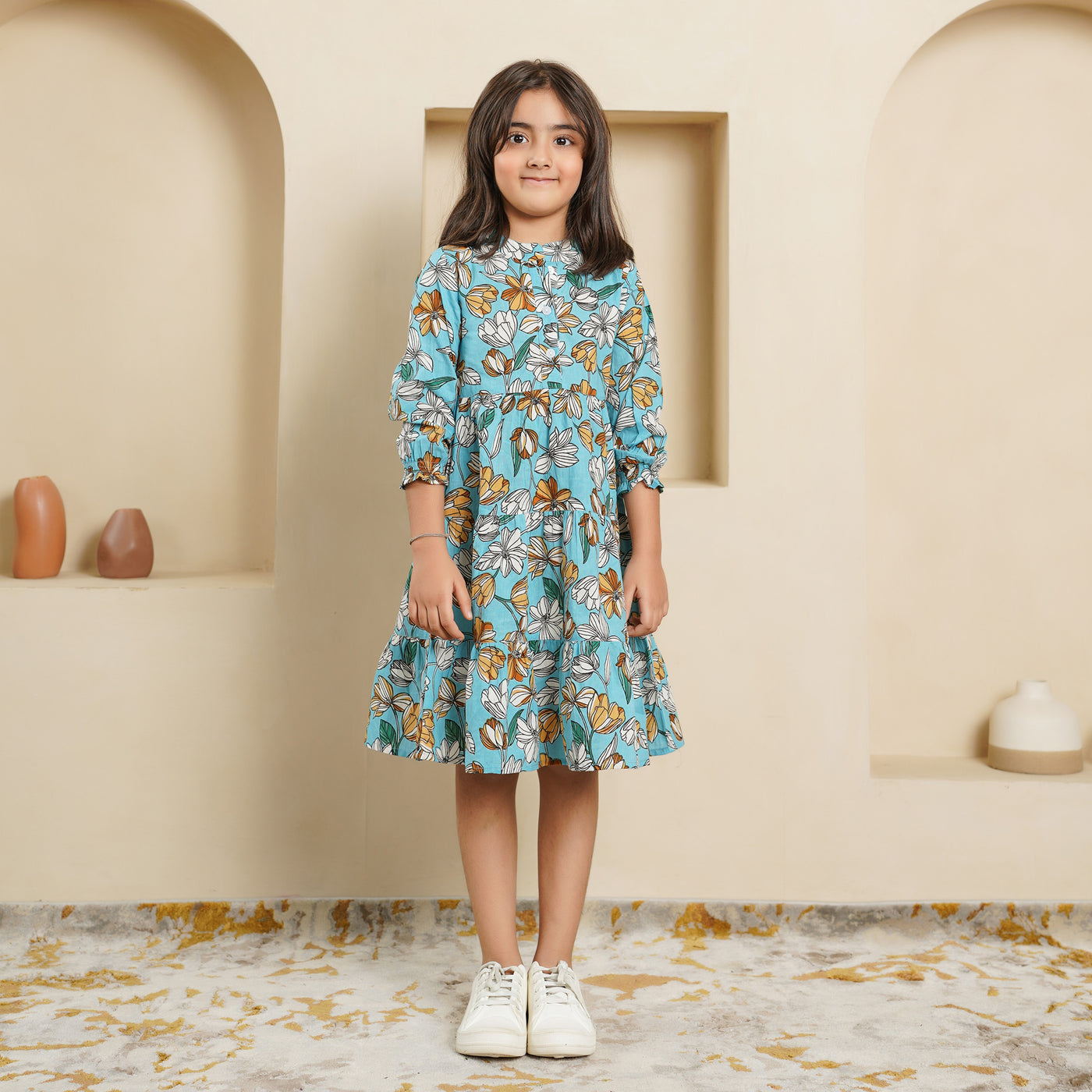 'Sky Blue Blossom' Girl's Tiered Cotton Dress